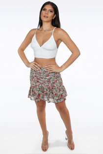 White Floral Print Pleated Elasticated Waist Mini Skirt