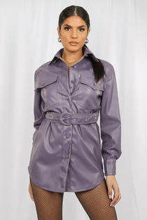Lilac Faux Leather Pocket Detail Shirt Dress