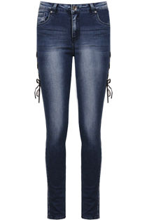 Blue Denim Side Lace Tie Up Fitted Jeans