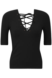 Black Ribbed Lace Up Fitted T-Shirt