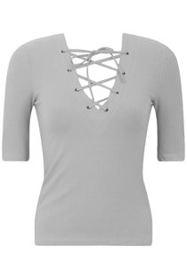 Grey Ribbed Lace Up Fitted T-Shirt