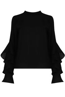 Black Ruffle Long Sleeve Satin Blouse