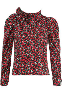Black Contrast Floral Print Knotted High Neck Tops