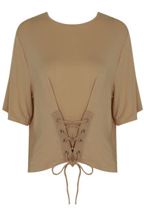 Beige Front Lace Tie Up Crop Tops