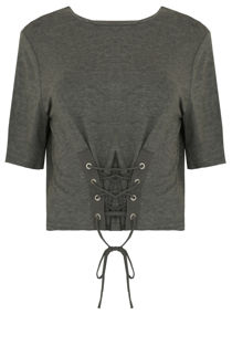 Grey Front Lace Tie Up Crop Tops
