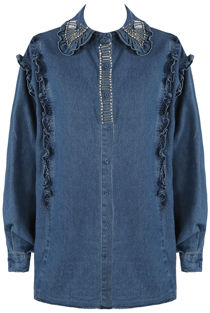 Diamante Trim Pleated Shoulder Denim Jacket