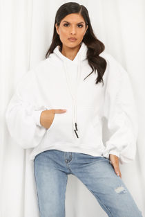 White Ruched Sleeve Hooded Jumper 