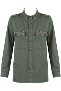 Khaki Metallic Trim Front & Side Pocketed Denim Jacket