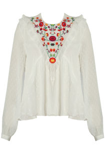 White Contrast Floral Embroidery Frilled Tops