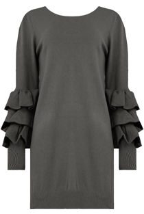 Grey Ribbed Layered Sleeve Knitted Midi Dress