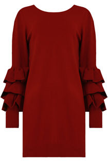 Wine Ribbed Layered Sleeve Knitted Midi Dress