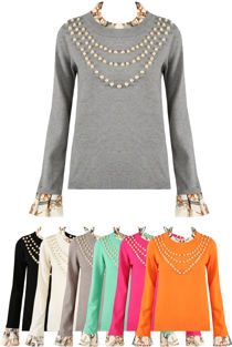 Ruffle Neck & Cuffs Pearls Trim Jumper - Mixed Colour Pack