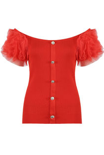 Ribbed Tulle Sleeves Bardot Top