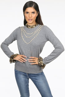 Grey Pearls Trim Leopard Pleat Bib Collar Jumper