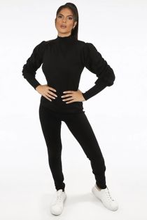 Black Ruched Puff Sleeves Loungewear Set