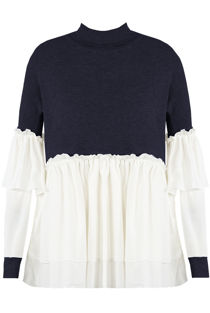 Navy Ribbed High Neck Tier Sleeve Jumper With Gatherings