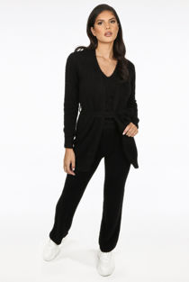 Black Fluffy Knit Cardigan Cami & Trouser Set