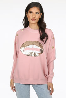 Pink Sequin Lip With Golden Button Trim Knitted Jumper