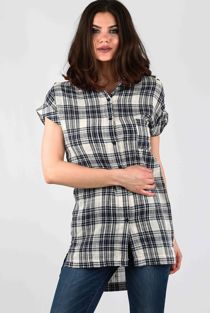 Blue Contrast Tartan Print Roll Up Sleeve Tops