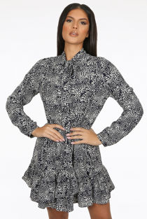 Black Animal Print Knotted High Neck Mini Dress