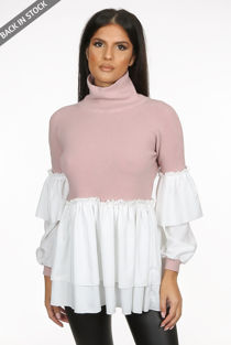 Rose Ribbed High Neck Tier Sleeve Jumper With Gatherings