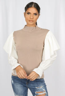 Beige Ribbed High Neck Frill Sleeve Jumper