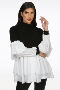 Black Ribbed High Neck Tier Sleeve Jumper With Gatherings