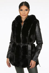 Black PU Sleeves Fur Trim Tie Up Coat