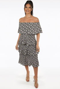 Black Floral Print Off Shoulder Tier Dress