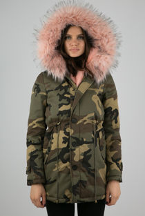 Pink Faux Fur Lined Camouflage Hooded Parka Coat
