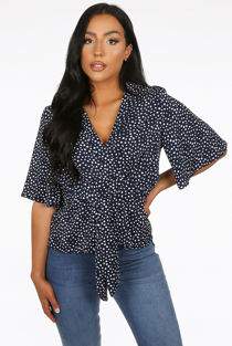 Navy Polka Dot Tie Front Blouse
