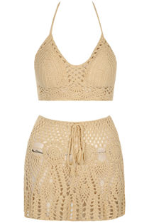 Beige Crochet Halter Top & Mini Skirt Set