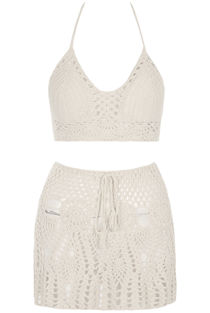 Cream Crochet Halter Top & Mini Skirt Set