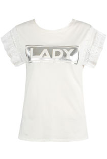 LADY Slogan Pleated Sleeve White Tees