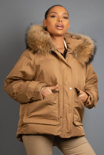 Camel Padded Jacket With Fur Trim Hood