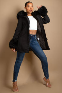 Black Parka Coat with Fur Hood & Cuffs