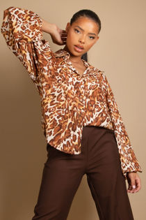 Brown Animal Print Blouse With Elastic Cuff