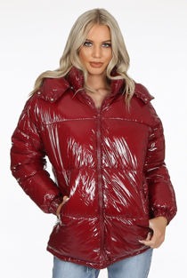 Wine Shiny Funnel Neck Quilted Jacket