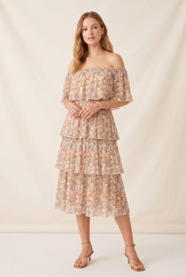 Beige Floral Chiffon Tiered Midi Dress