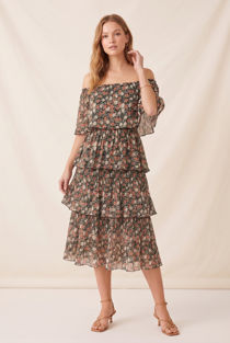 Black Floral Chiffon Tiered Midi Dress