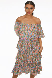 Green Floral Print Off Shoulder Tier Dress