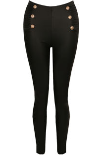 Black Button Trim Side Panel PU Leggings