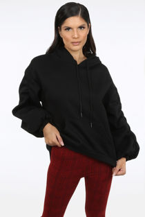 Black Ruched Sleeve Hooded Sweatshirt