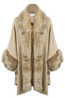 Beige Fur Trim Knitted Cape Pullover