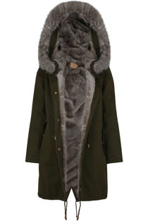 Grey Fur Hood & Fleece Lined Khaki Parka
