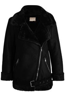 Black PU Fur Hood Lined Shearling Coat