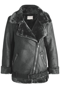Dark Grey PU Fur Hood Lined Shearling Coat