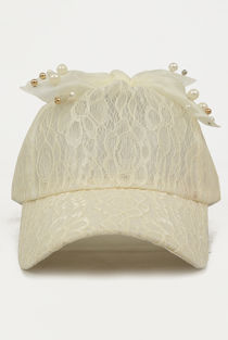 Bow Top Lace Cap With Embellished Detail in Cream