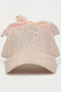 Bow Top Lace Cap With Embellished Detail in Pink