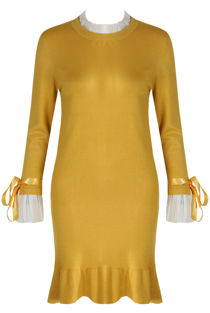 Mustard Ribbed Ruffle Hem Midi Dress